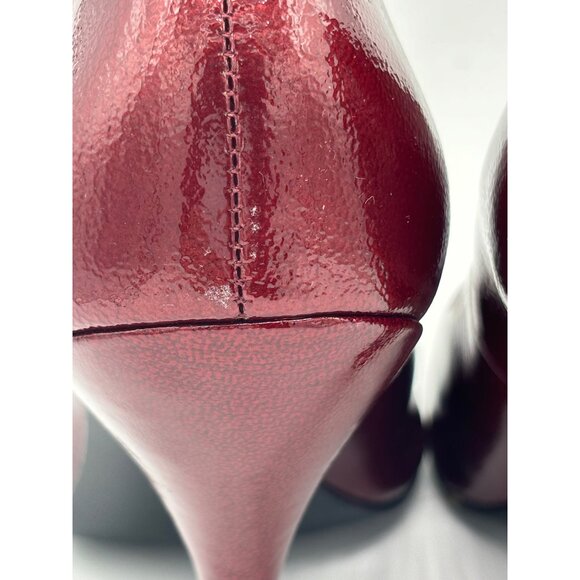 BCBGirls Ariel Ruby Red Tumbled Pearl Patent Leather Peep toe Stiletto Heels sz - Picture 13 of 16